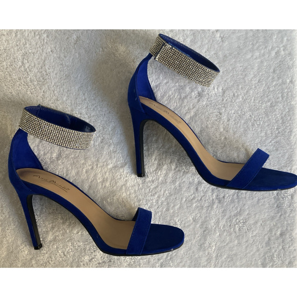 Anne Michelle Size 8 Royal Blue Faux Diamonds Open Toe High Heels Ankle Strap - Picture 2 of 16